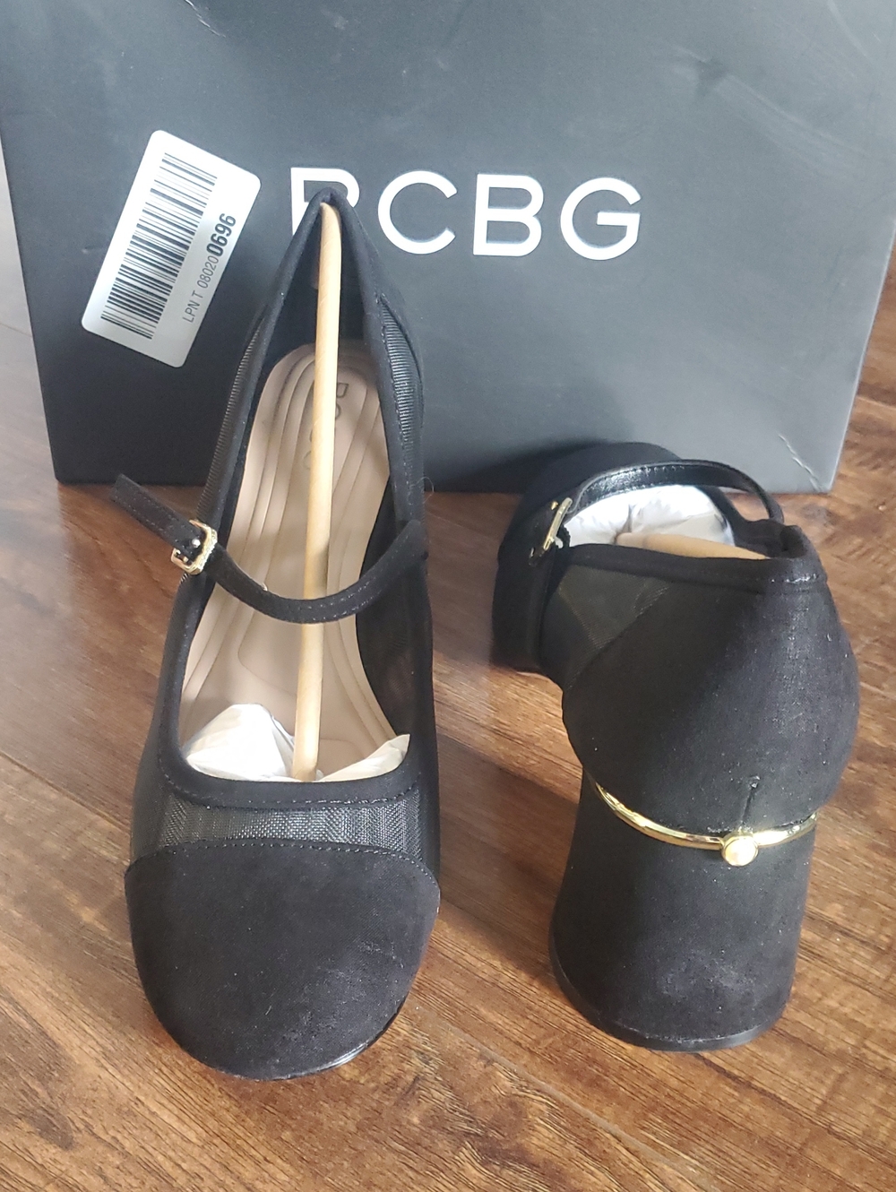 BCBG Black Suede Mary Jane Heels with Gold Accent